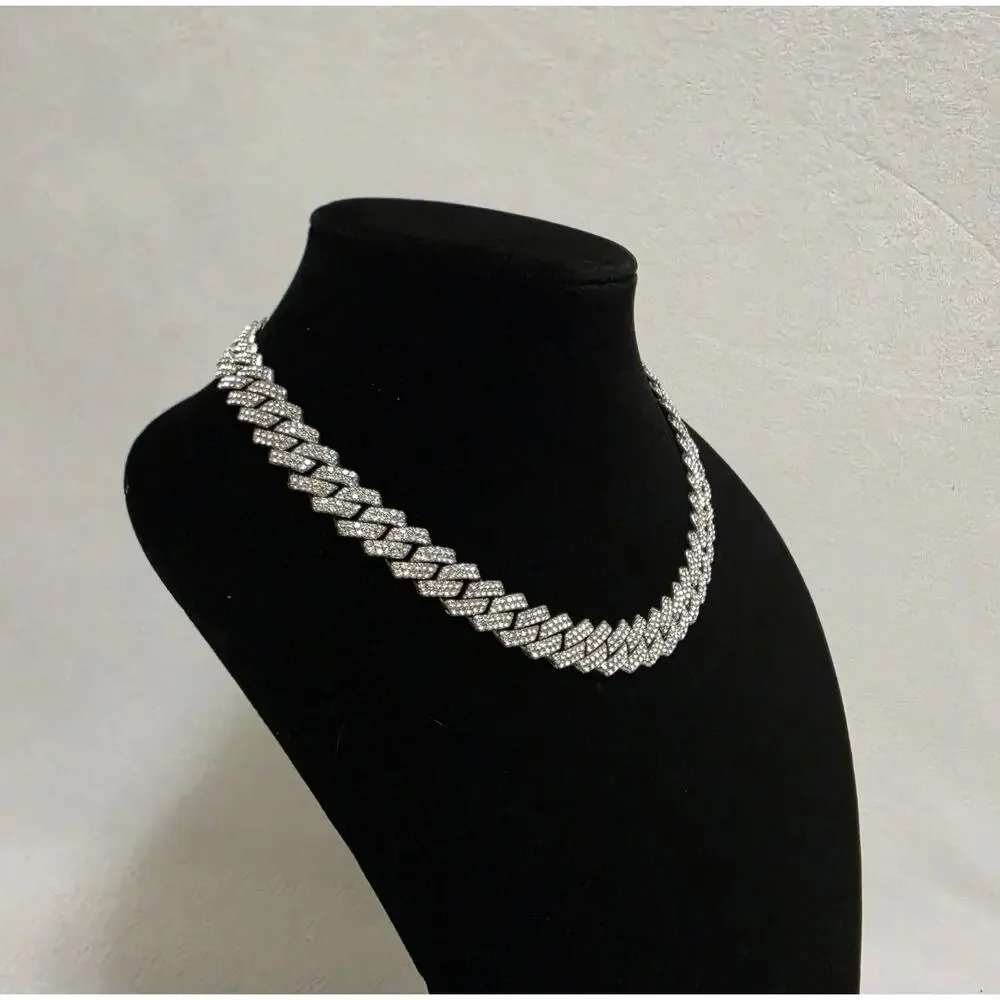 Iced Out Cuban Link Chain Necklace Silver Tone Rhinestone Choker